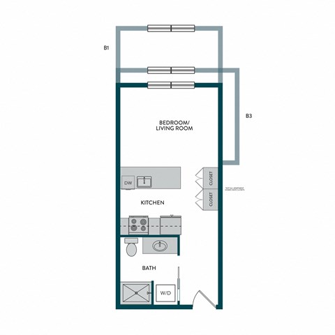Floor plan for studio, 1 bath, 374 sqft